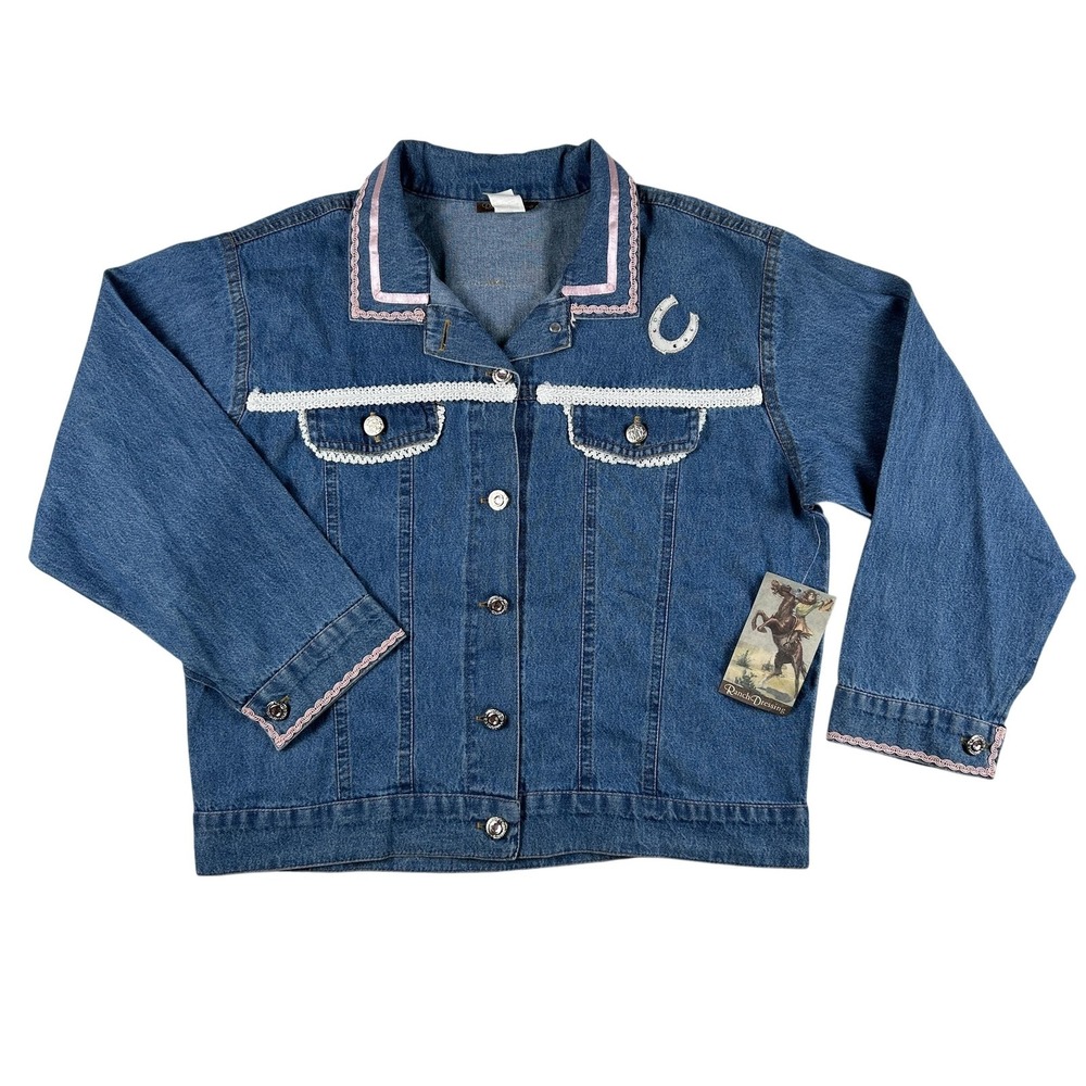 Vintage Ranch Dressing Jacket Womens 14 Denim Western Cowgirl Lace Trim USA 90s
